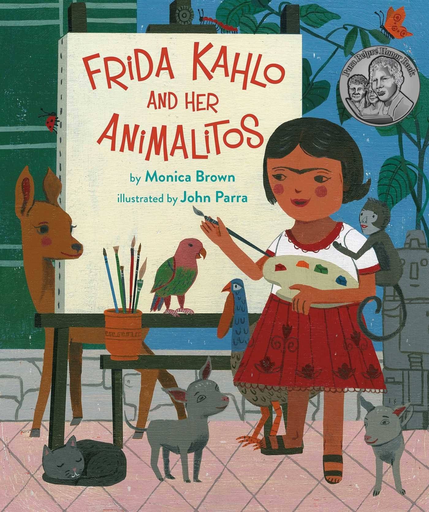 "Frida Kahlo and her animalitos" book cover with a small Frida painting at a canvas